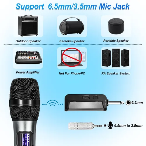 Miniatura 6 de Sistema de karaoke de micrófono inalámbrico con receptor Bluetooth recargable, micrófono inalámbrico dinámico de mano profesional, rango UHF de 200