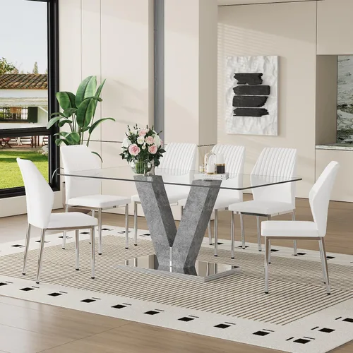 Miniatura 17 de Juego de mesa de comedor de cristal moderno de 71 pulgadas para 6, juego de mesa de comedor de 7 piezas con sillas y mesa de vidrio templado