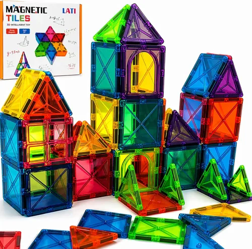 LATI Juego de iniciación de azulejos magnéticos para niños, bloques de construcción magnéticos para principiantes para aprendizaje temprano, 2D y