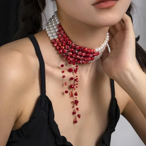 Miniatura 2 de Collar de perlas de sangre para mujer, collar de sangre para disfraz de vampiro, joyería de goteo, gargantilla de perlas, disfraz de fiesta