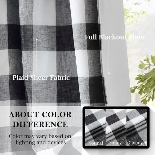 Miniatura 2 de Cortinas cortas de lino texturizado con diseño de búfalo blanco y negro a cuadros, 100% opacas con forro, paneles de estilo granja