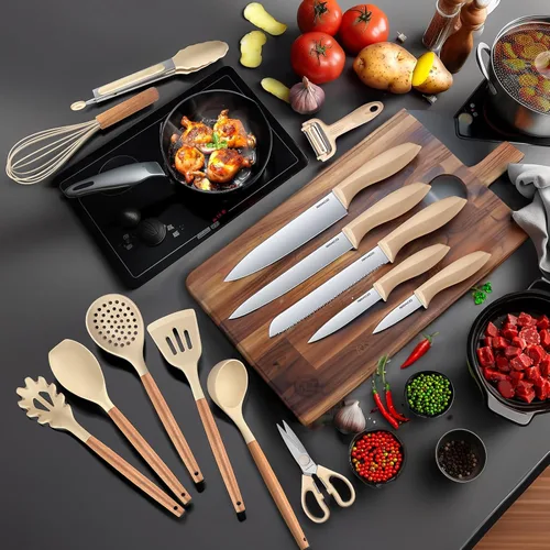 Miniatura 2 de RAXCO - Juego de utensilios de cocina y cuchillos, 18 piezas, Khiki Food-grade Silicone Utensils Heat-resistant to 410°F,5-Piece Stainless Steel