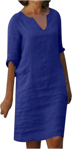 Ceboyel Vestido de verano de lino y algodón para mujer, cuello en V, vestidos casuales lisos de media manga, vestido corto bohemio para mujer 2023