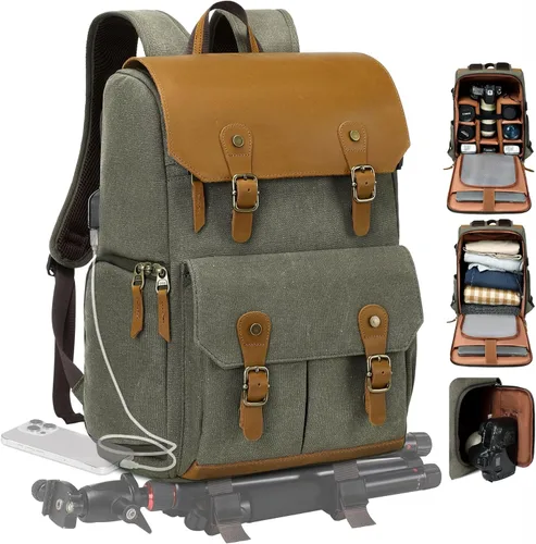 Miniatura 10 de Padwa Lifestyle Mochila para cámara profesional color negro y gris – Retro Crazy Horse Art Bolsa grande para cámara con múltiples cámaras