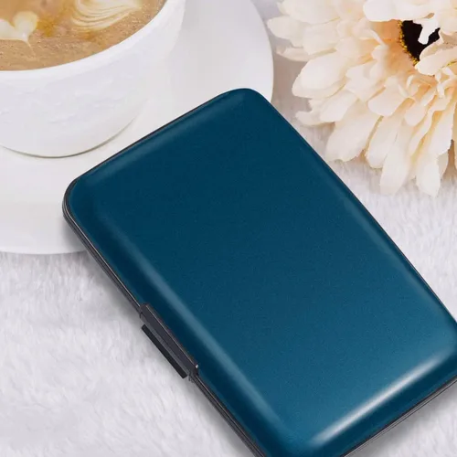 Miniatura 8 de Portatarjetas de crédito con bloqueo RFID, mini tarjetero delgado de aluminio duro para hombres o mujeres, Azul marino