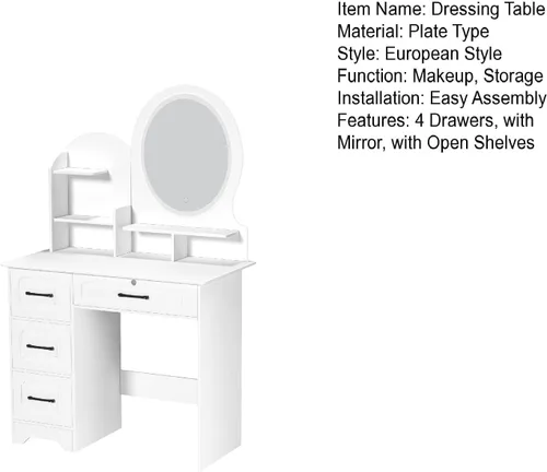 Miniatura 8 de Pequeño escritorio de maquillaje con espejo LED deslizante y almacenamiento oculto, juego de mesa de tocador con cajón de almacenamiento y silla