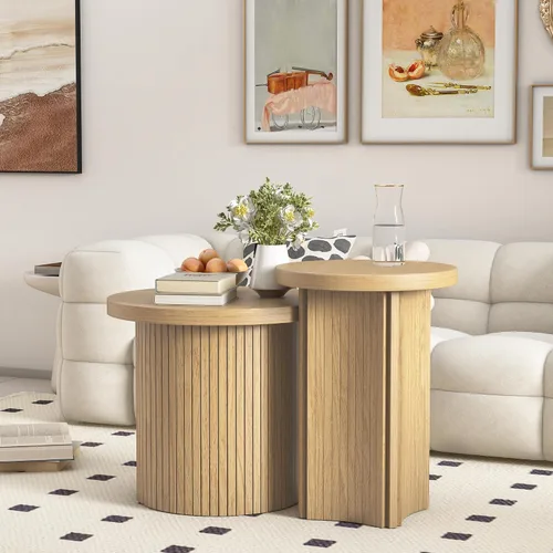 Miniatura 8 de Mxtxmy Juego de 2 Mesas de Café Anidadas de Estilo Granja, Mesa de Café Redonda para Sala de Estar, Juego de Mesas de Café con Acabado de Madera