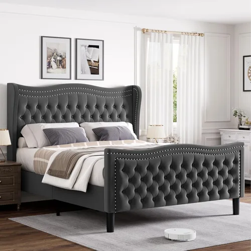 Miniatura 4 de Estructura de cama Full con cabecera y pie de cama altos, estructura de cama plataforma tapizada en terciopelo con respaldo tipo alas acolchado