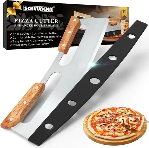 SCHVUBENR Cortador de pizza de 14 pulgadas con tapa grande, cortador de pizza de acero inoxidable afilado con asas de madera, rueda de cortador de