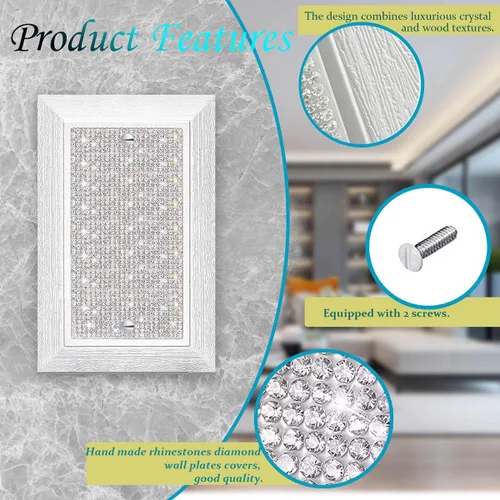 Miniatura 5 de Cubierta para interruptor de luz, con purpurina, bonitas cubiertas de placa de interruptor con diamantes de imitación plateados, textura blanca