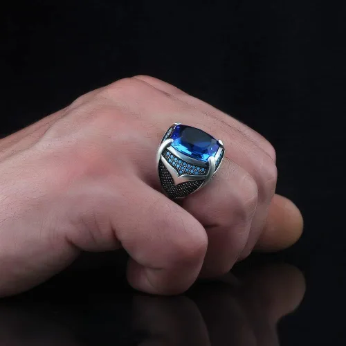 Miniatura 4 de 925 Sterling Silver Men's Ring with Blue Topaz Stone, Handmade Blue Topaz Stone Silver Ring, Gift for Him