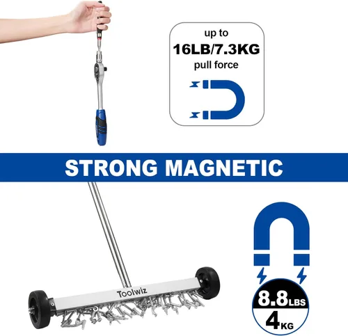 Miniatura 4 de Toolwiz Barredora magnética rodante de 17 pulgadas, 8.8 libras, con herramientas magnéticas telescópicas de 16 libras, barredora ligera con ruedas