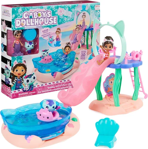 Gabby's Dollhouse, Playset de Piscina Purr-ific con Figuras de Gabby y Mercat, Colas de Sirena que Cambian de Color y Accesorios de Piscina,