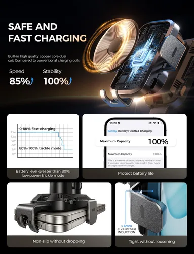 Miniatura 7 de Cargador inalámbrico de coche con soporte para teléfono, soporte de teléfono de carga rápida de 15 W, soporte de teléfono con abrazadera automática