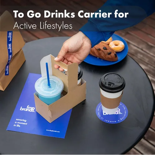 Miniatura 4 de FMP Brands Portabebidas desechable de 2 tazas con asa, paquete de 250 portadores de bebidas con mango de cartón kraft de 8 a 32 onzas, soporte