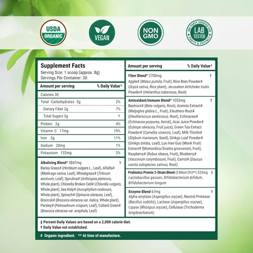 Miniatura 8 de SUPER GREENS Veggie Greens Superfood en polvo con 20 ingredientes orgánicos: espirulina, chlorella, cebada y otros, además de frutas orgánicas