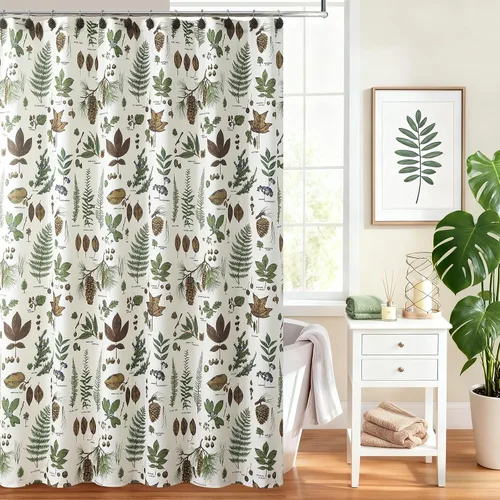 Cortina de ducha de tela de piña, color marrón salvia, beige, cortina de ducha rústica con piñas de pino y hojas verdes, cortinas de baño