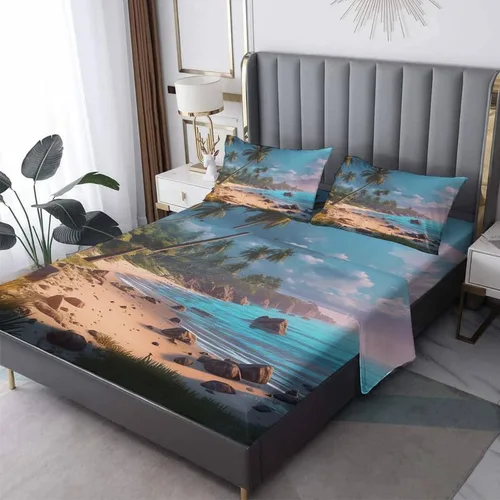Miniatura 10 de Juego de sábanas de tamaño individual con diseño de playa – Sábanas de cama con diseño de estrella de mar, microfibra suave, bolsillo profundo