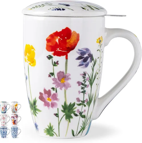 Miniatura 13 de AmorArc Taza de té de porcelana de 18 onzas con infusor y tapa, taza de té de hojas sueltas con colador de acero inoxidable, taza de café grande