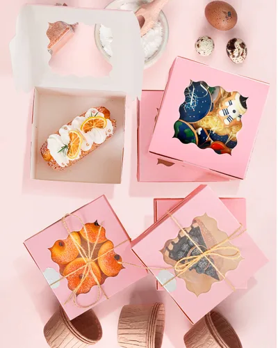 Miniatura 7 de qiqee Caja de panadería rosa con ventana, 100 paquetes de 6 x 6 x 3 pulgadas, cajas de galletas rosas para pastelería para bodas, cumpleaños