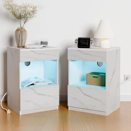 Miniatura 11 de HOMMPA Mesita de noche LED con estante abierto con estación de carga, 2 cajones, mesita de noche negra con almacenamiento, mesitas de noche