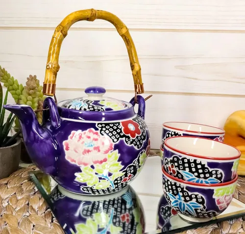 Ebros Gift Asian Living Fusion Deep Space Púrpura Victoriano Colorido Flores Florales Grandes Diseño Porcelana 25oz Tetera Con 4 Tazas Set Con