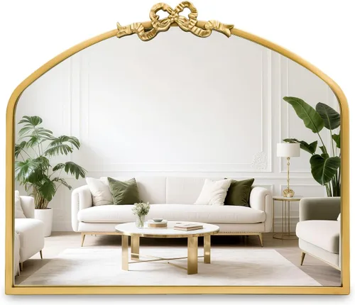 Espejo dorado con lazo arqueado vintage: espejos de pared antiguos grandes de 24 x 28 pulgadas con marco de metal para tocador de baño, decoración