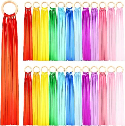 Miniatura 9 de Junkin Anillos de cinta de mano, juguetes Waldorf, cintas de muñeca bailarín, serpentinas de arco iris con anillo de madera, juguete educativo