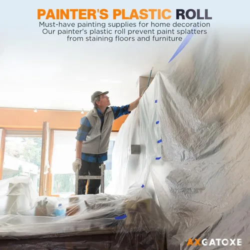 Miniatura 4 de Paños de plástico, película de plástico de pintor de 200 pies de largo x 9 pies de ancho con 2 rollos de cinta de pintor, láminas de pintor