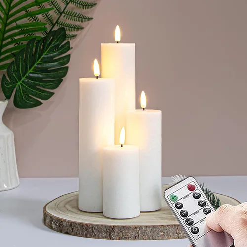Miniatura 9 de Velas de pilar sin llama parpadeantes con control remoto y temporizador de ciclo, rosa Juego de 4 velas eléctricas falsas de 3D-Mecha alta operadas