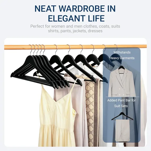 Miniatura 7 de Amber Home Solid Wood Suit Coat Hangers 30 Pack, Smooth Black Finish Wooden Dress Hangers with Non Slip Pant Bar, Clothes Hangers with 360 Swivel