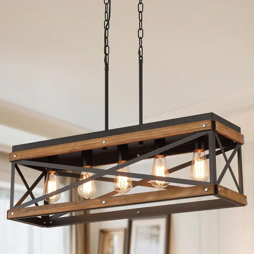 Miniatura 10 de Paquete de 2 lámparas colgantes de madera rústica de granja con cadena ajustable de una sola luz de madera de roble y metal, iluminación colgante