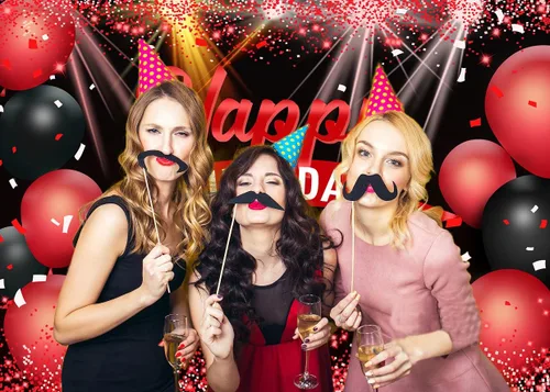 Miniatura 4 de AIIKES Telón de fondo de feliz cumpleaños de 7 x 5 pies con globos rojos con purpurina para niñas y mujeres, decoración de fiesta de fotografía