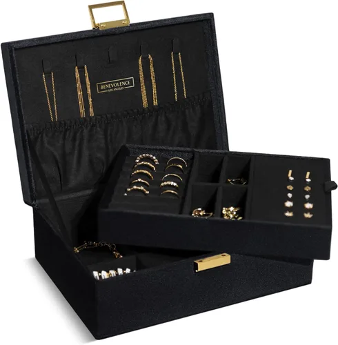 Benevolence LA Joyero de 2 capas para mujer, organizador de joyas grande de terciopelo con cerradura decorativa, bandeja de joyería extraíble,