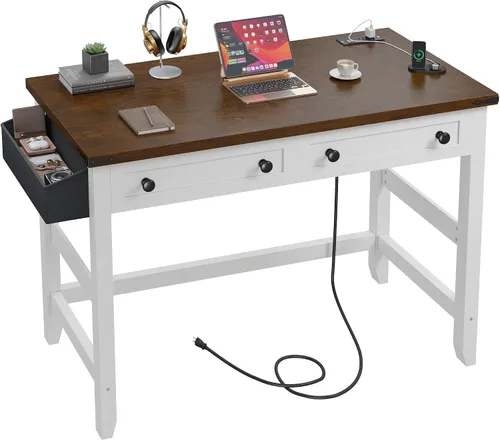 Miniatura 9 de EnHomee Escritorio rústico de 32 pulgadas, escritorio pequeño para dormitorio con toma de corriente y bolsa de almacenamiento, escritorio resistente
