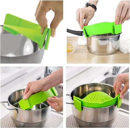 Miniatura 3 de DaKuan - Colador a presión, 2 paquetes de colador de manos libres con clip, resistente al calor, boquilla para pasta, fideos vegetales, olla y sartén