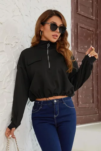 Miniatura 4 de SILKWORLD Sudadera corta con cremallera de un cuarto para mujer, manga larga, cuello alto, cordón ajustable, con bolsillos