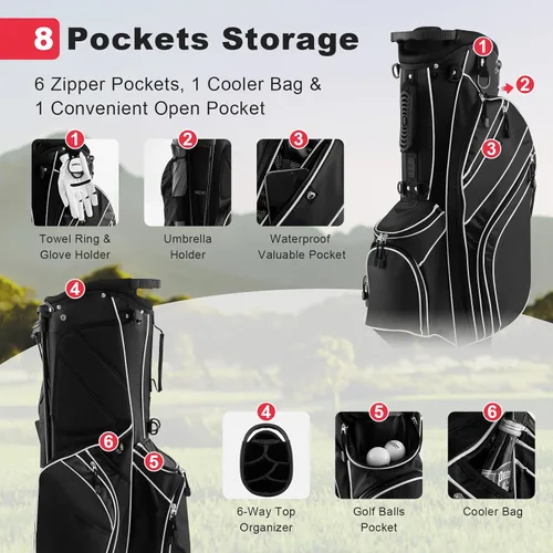 Miniatura 2 de GYMAX Bolsa de golf con divisor de 6 vías, bolsa de club de golf con 8 bolsillos, capucha para lluvia, soporte para paraguas y calcomanía