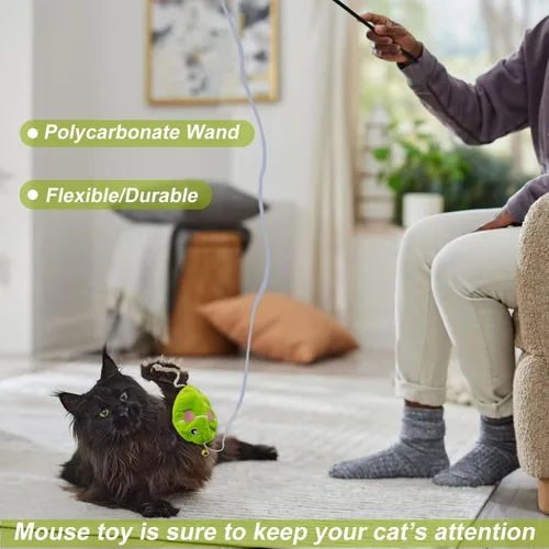Miniatura 3 de Varita interactiva de juguete para gatos con ratón de hierba gatera, varita provocadora para gatos con cuerda arcoíris para gatos adultos aburridos