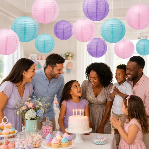 Miniatura 5 de Lámparas de papel para decoración de fiesta, lámparas colgantes redondas rosa, púrpura y azul para fiesta temática de sirena, cumpleaños de niñas