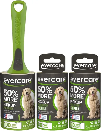 Evercare Rodillo de pelusa extra pegajoso para pelo de mascotas con 2 repuestos, nuevo Ergo Grip, 220 hojas en total (220 hojas) (220 hojas)
