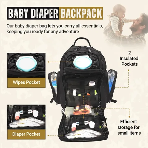 Miniatura 3 de Mochila táctica para pañales HSD + almohadilla Cambiadora, bolsillos aislados, correas de carriola., Negro