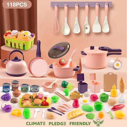 Miniatura 2 de 118 piezas de accesorios mini para cocina de juego para niños, juego de cocina de simulación con utensilios de cocina, vajilla y 2 juegos de frutas
