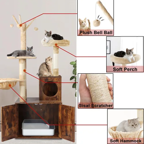 Miniatura 5 de Timberer Árbol para gatos con torre y caja de arena, refugio para gatos de madera 2-en-1 con poste de rascar de sisal, hamaca, marrón