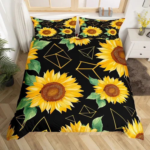 Juego de funda de edredón con diseño de girasol y flores, para decoración de hotel, 2 piezas (1 funda de edredón y 1 funda de almohada), color negro
