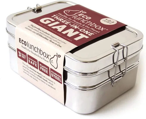 Ecolunchbox Caja Bento de acero inoxidable tres en uno, 2 niveles, contenedor para aperitivos, tamaño gigante, capacidad para 8 tazas de alimentos,
