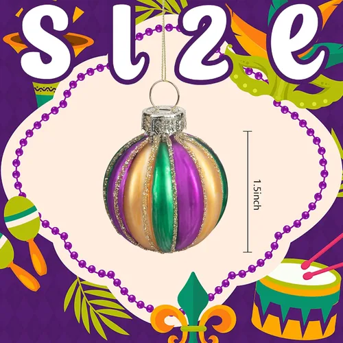 Miniatura 2 de Watayo 12 adornos de bola de vidrio Mardi Gras, bolas colgantes con purpurina de 1.5 pulgadas, adornos morados de Nueva Orleans, verde, adornos