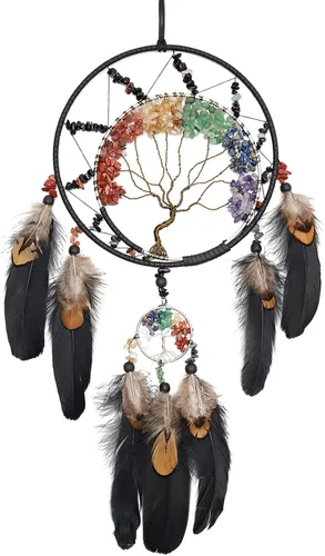 Miniatura 8 de Árbol de la vida negro de 7 chakras, decoración de pared con piedra de cristal curativo arco iris, hecho a mano, plumas, atrapasueños, adorno