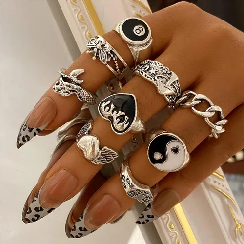 Miniatura 9 de FAXHION Anillos de acero inoxidable para hombres y mujeres, anillos punk abiertos de plata vintage para hombres y mujeres, Plata, acero inoxidable
