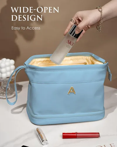 Miniatura 3 de Regalos para mujer, bolsa de maquillaje grande con inicial, artículos esenciales de viaje, bolsa de cosméticos personalizada de doble capa